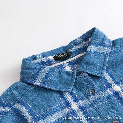 Men's Blue and White Plaid Long Sleeve Shirt